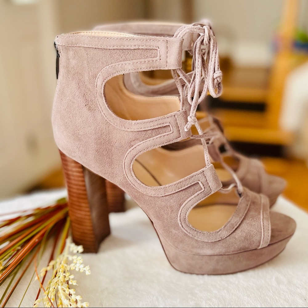 Vince Camuto Kamaye Stone Taupe True Suede Lace Up Block Heeled Boots